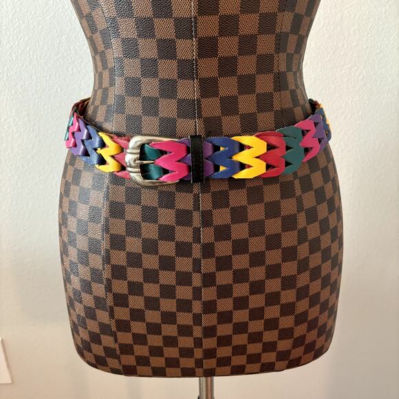 Vintage Rainbow Leather Belt 34" Multicolor Retro Woven 1980s 1990s Unisex M - Picture 2 of 8